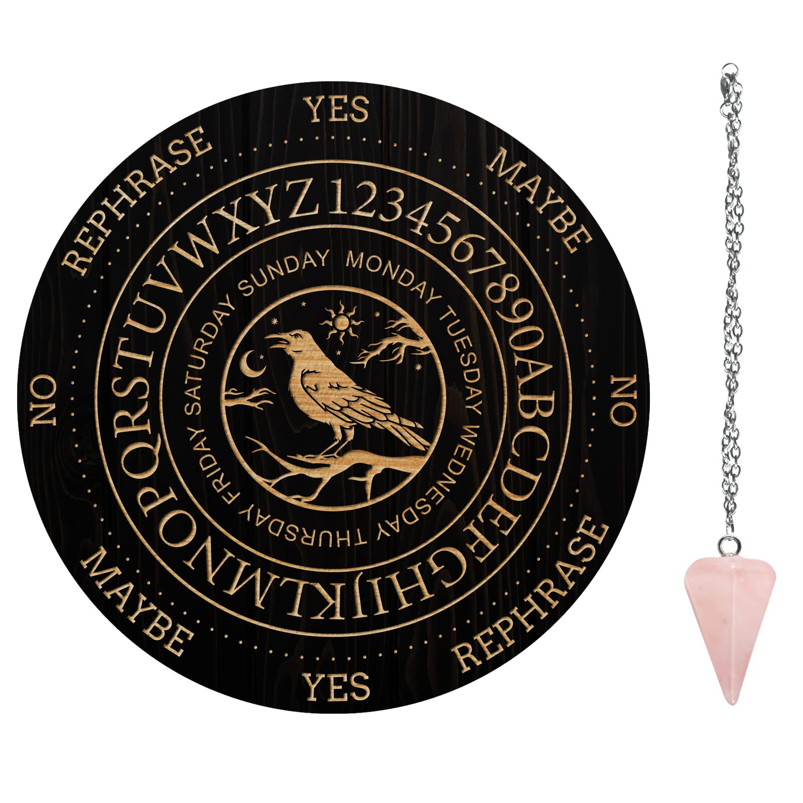 ahandmaker-planche-pendule-corbeau-nuit-bois-pendule-cristal image 1