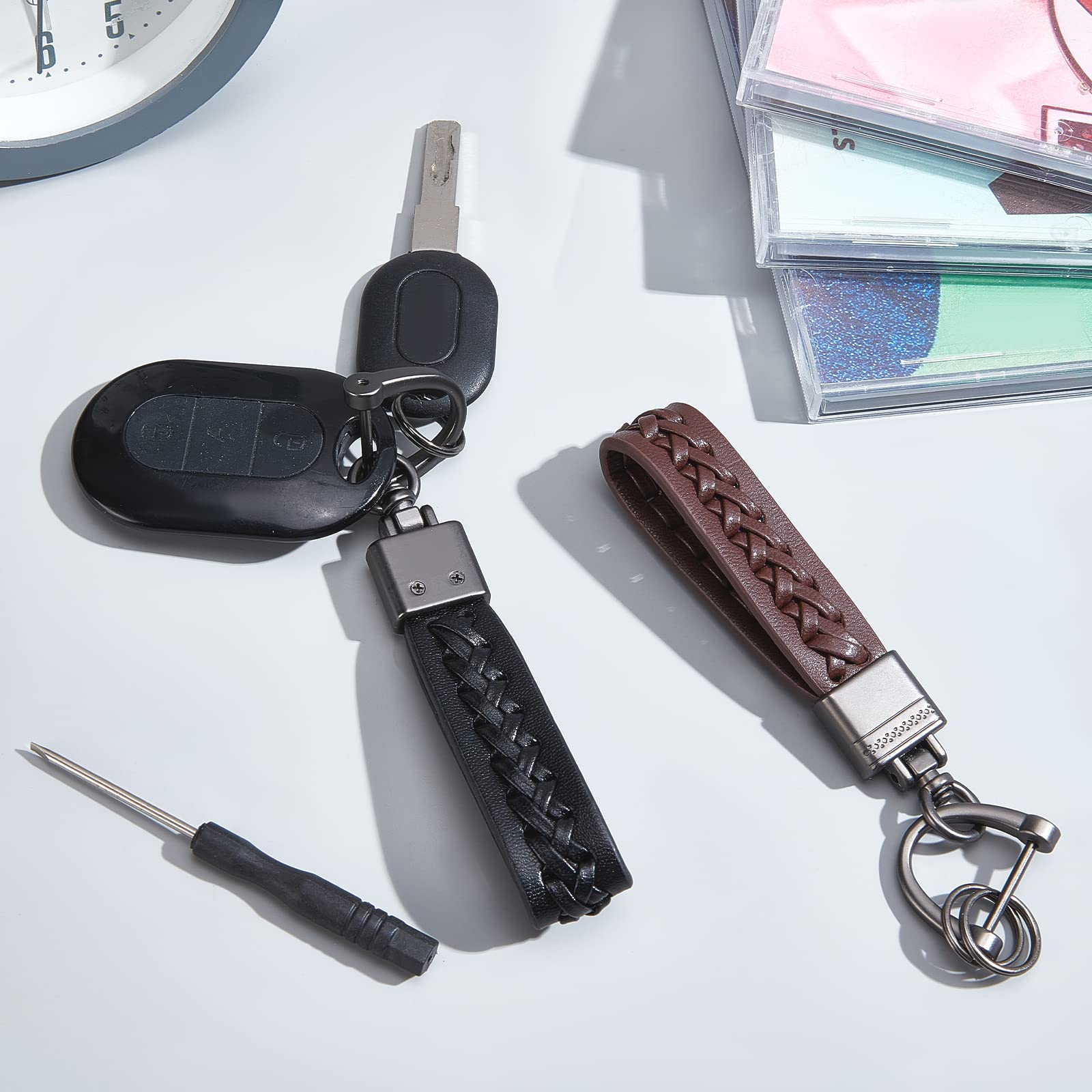 ahandmaker-keychain-2-porte-cl-s-voiture-similicuir-brun-noir image 5