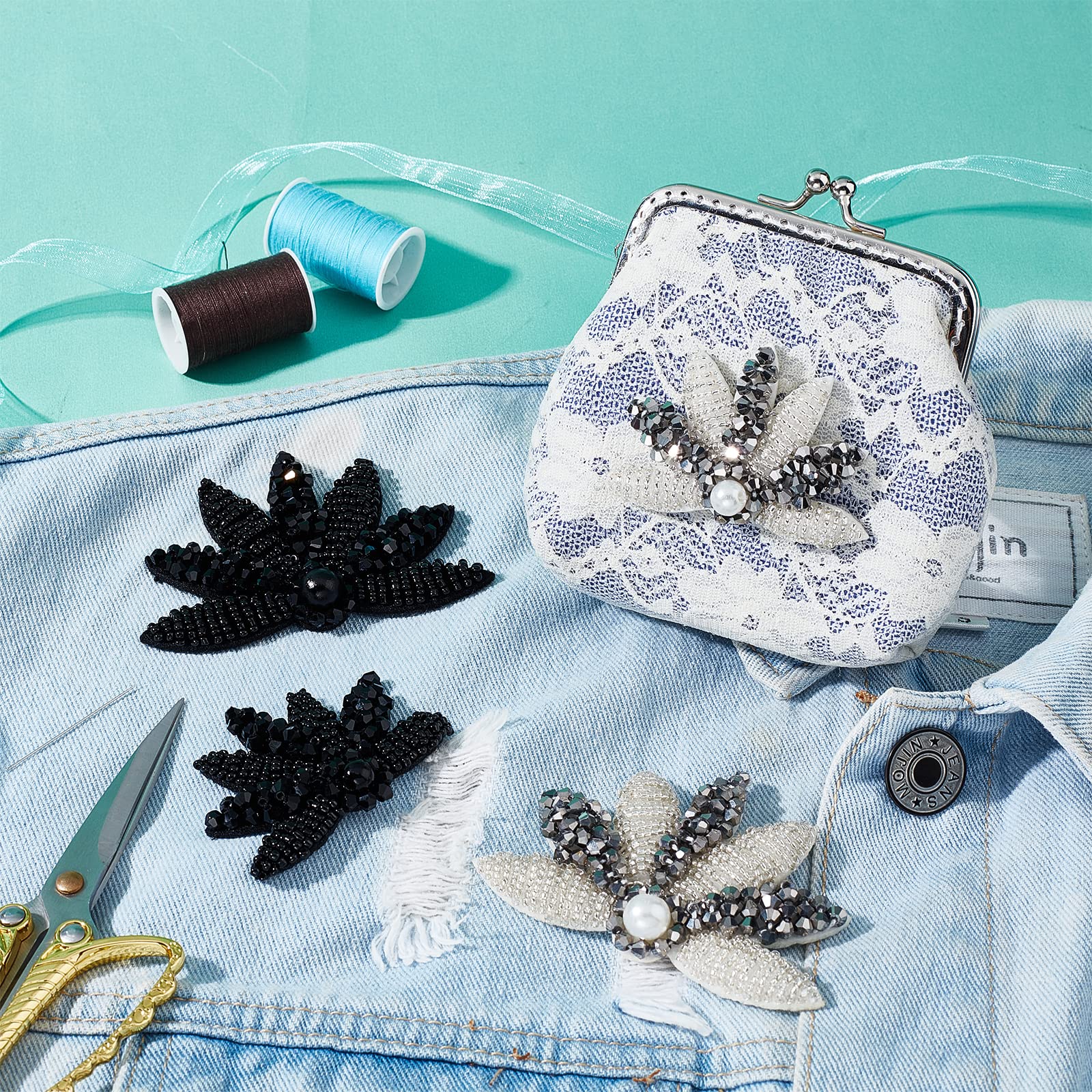 ahandmaker-applique-feuille-4-pcs-patch-brod-perles-noir-blanc image 4