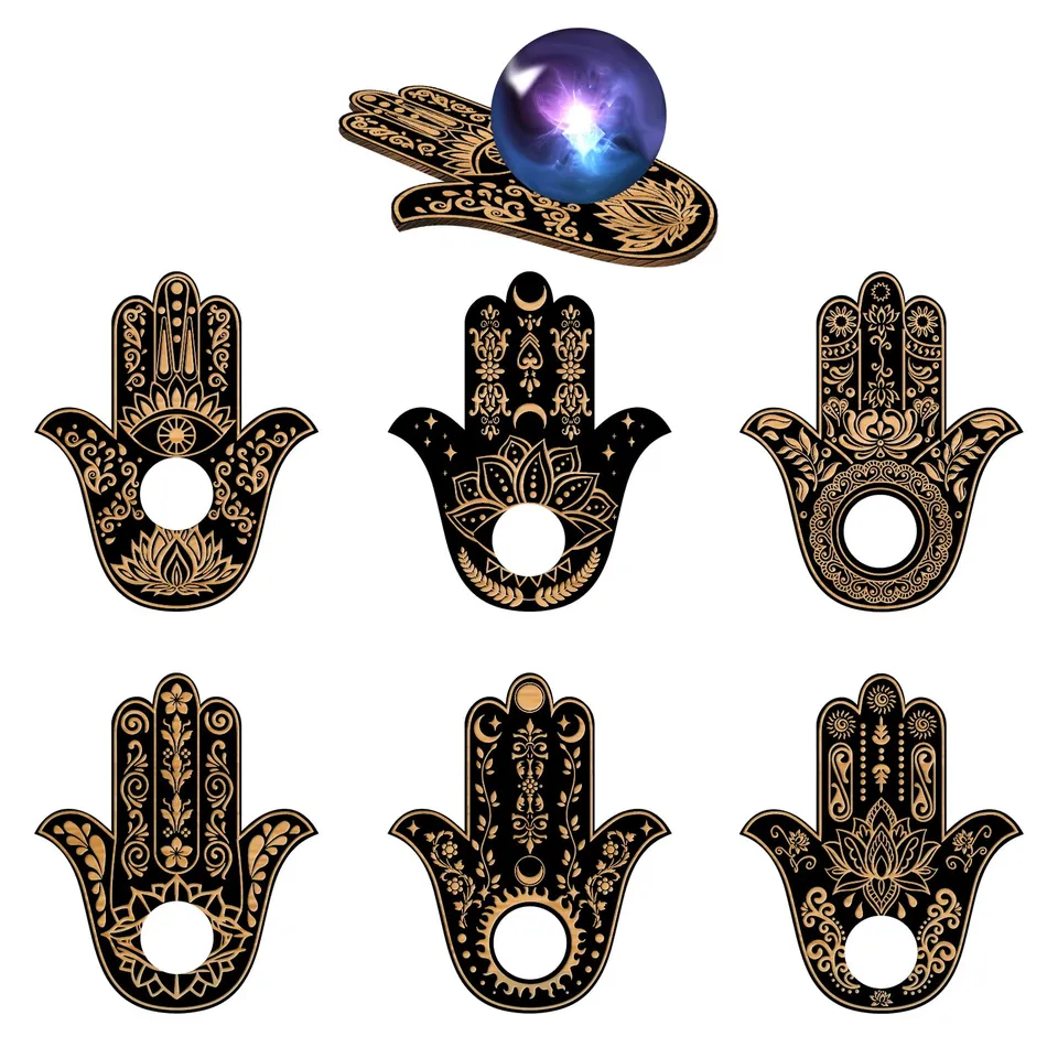 ahandmaker-support-boule-cristal-bois-noir-6-pi-ces-hamsa image 1