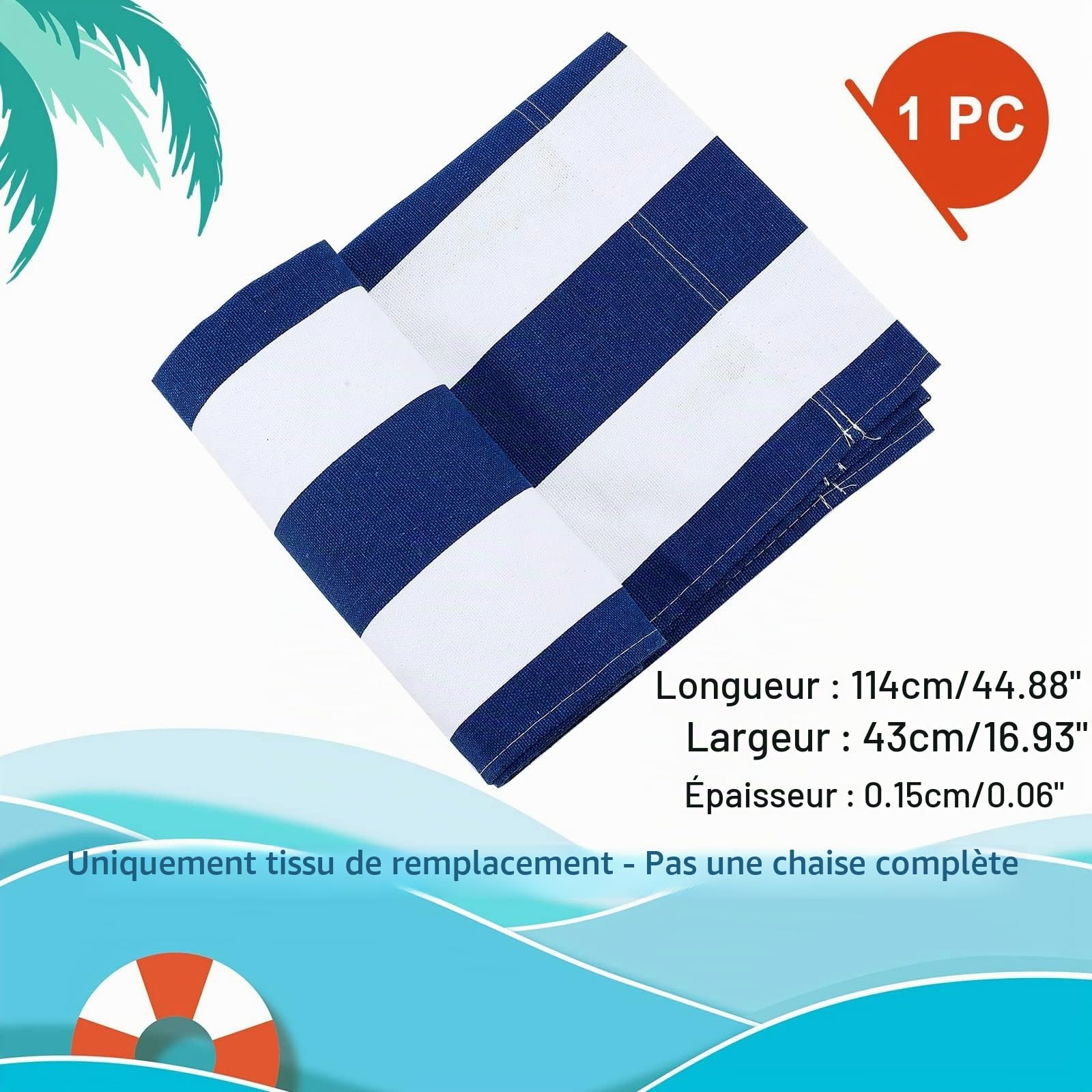 ahandmaker-toile-rechange-chaise-plage-114x43cm-bleu-blanc-rayures-polyester image 3