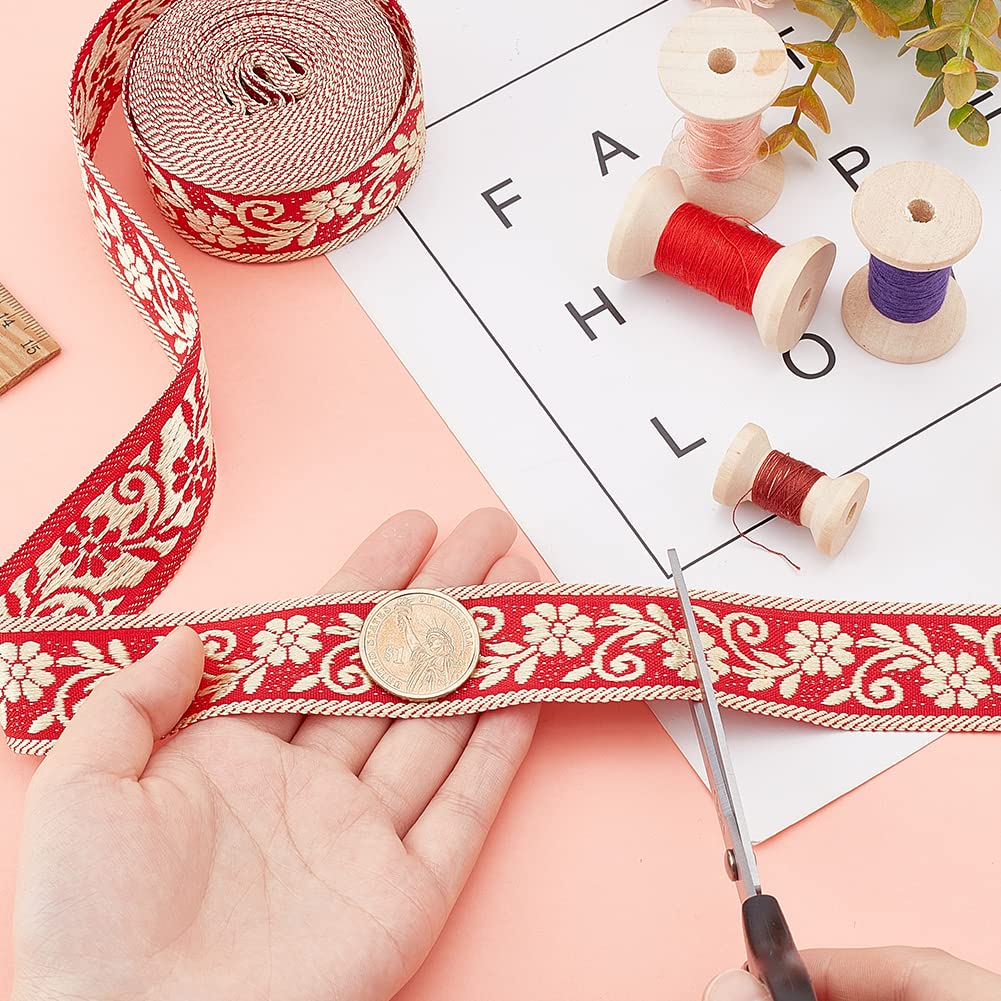 ahandmaker-chain-trim-ruban-jacquard-floral-or-rouge-5-yards image 3
