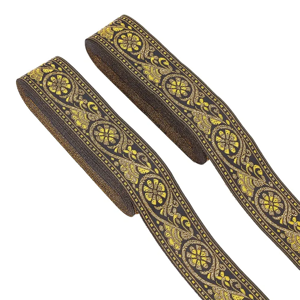 ahandmaker-jacquard-rubans-brod-s-floral-vintage-jaune-2x3-8m-33mm image 1