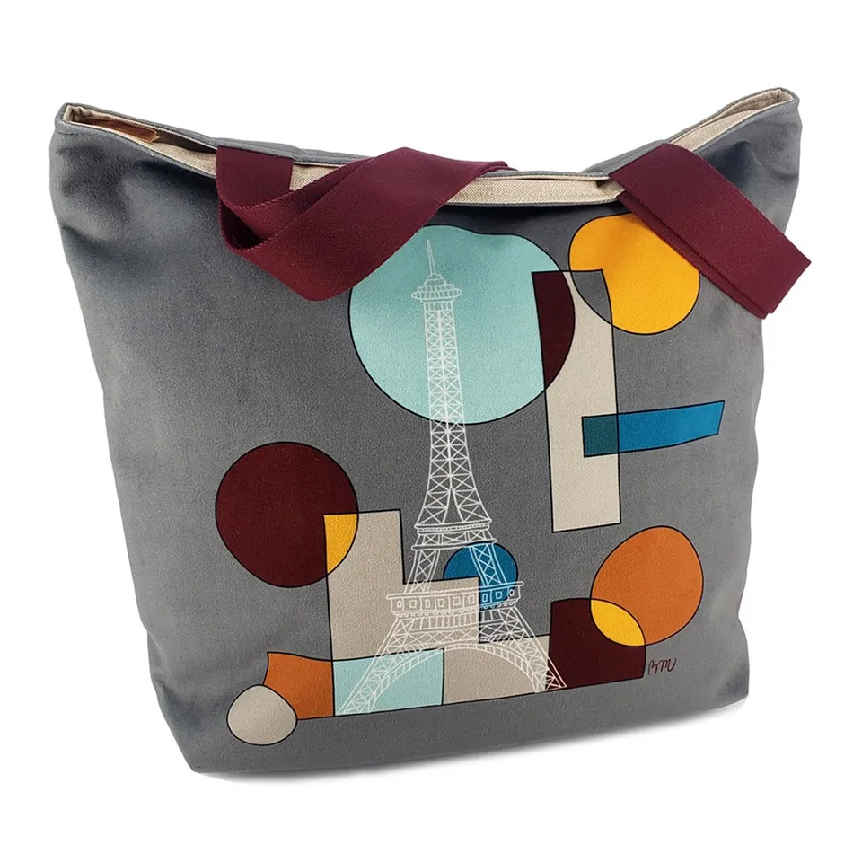 atelier-des-abcdaires-grand-sac-zipp-tour-eiffel-sac-velours-taupe image 1