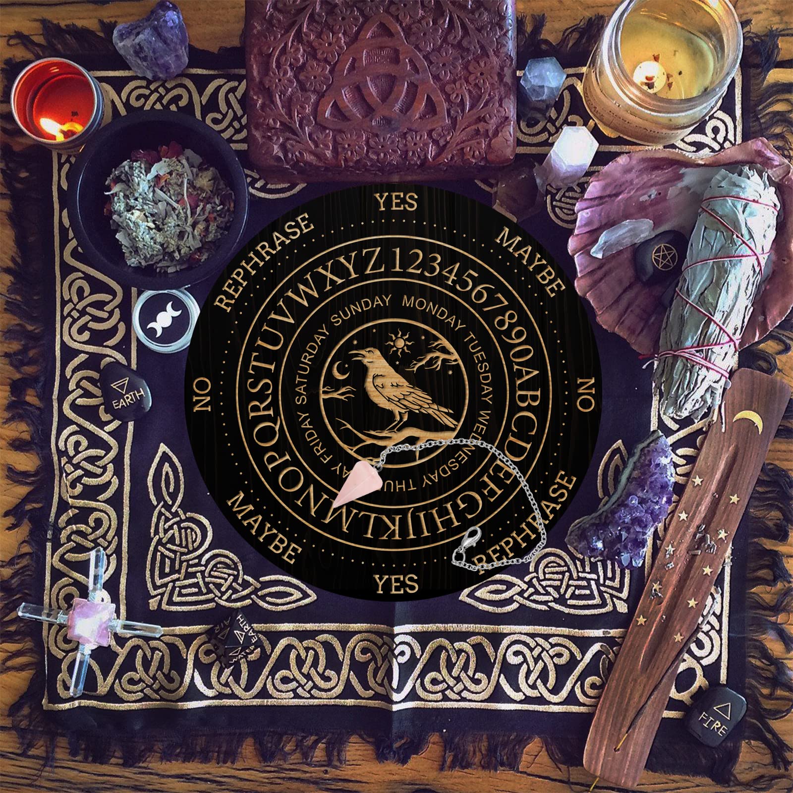 ahandmaker-planche-pendule-corbeau-nuit-bois-pendule-cristal image 3