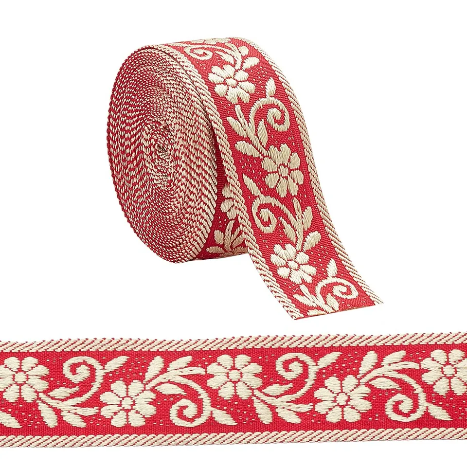 ahandmaker-chain-trim-ruban-jacquard-floral-or-rouge-5-yards image 1