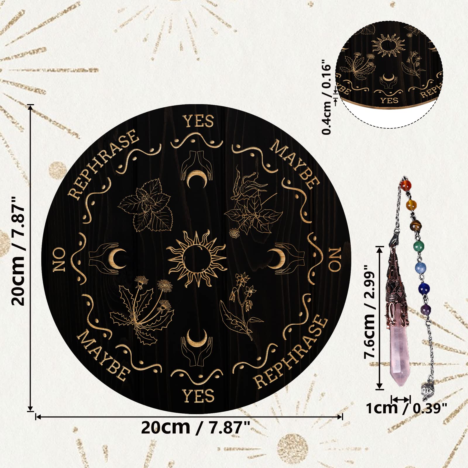 ahandmaker-planche-pendule-divination-bois-quartz-rose-soleil image 2