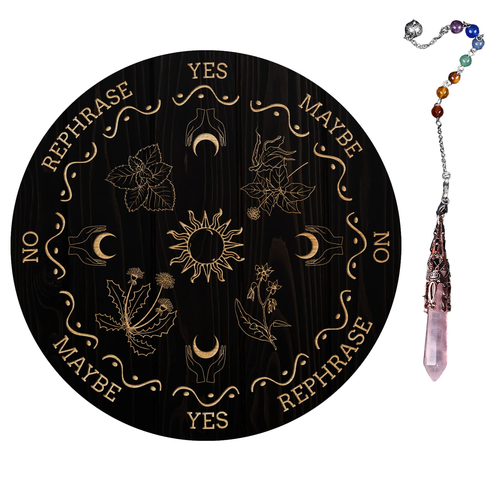 ahandmaker-planche-pendule-divination-bois-quartz-rose-soleil image 1