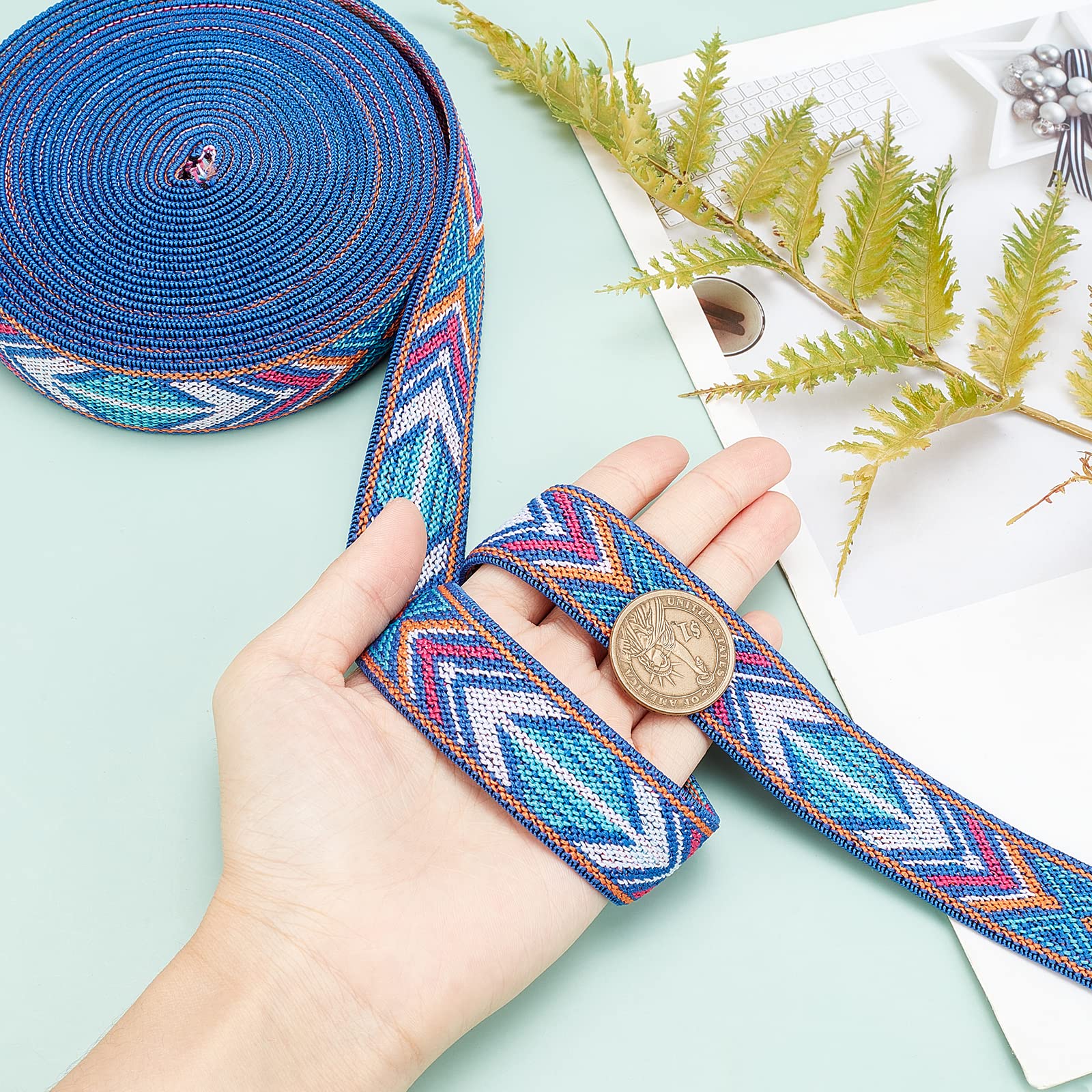 ahandmaker-ruban-lastique-jacquard-bleu-fl-ches-25mm-5-48m image 3