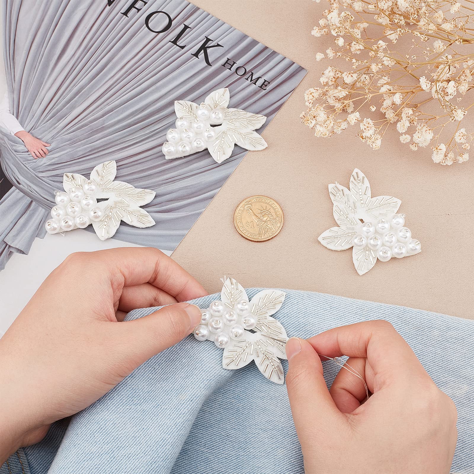 ahandmaker-appliqu-feuille-perle-blanche-4-pi-ces-patch-couture image 3