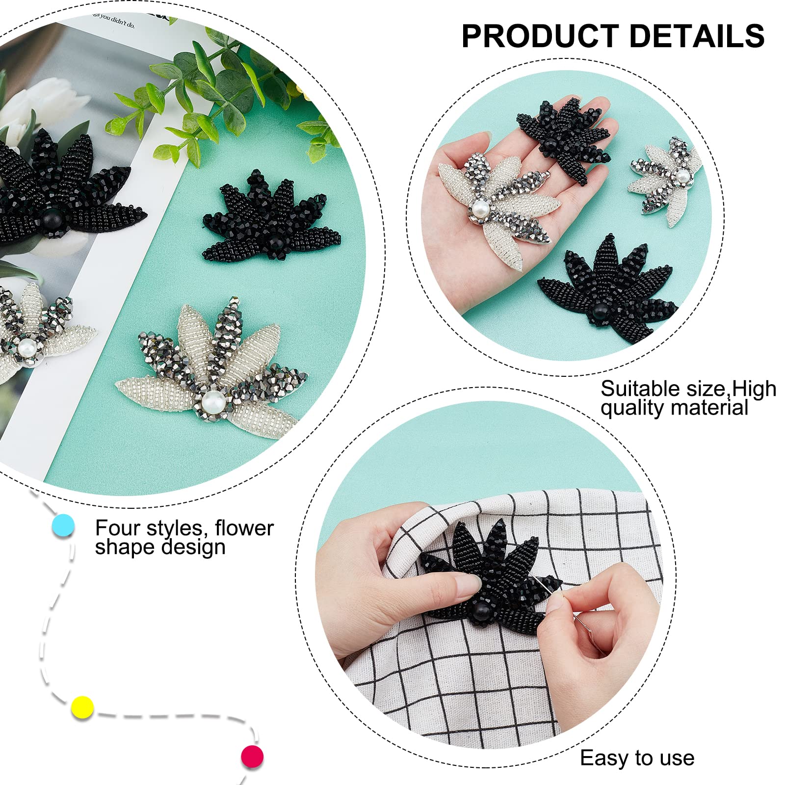 ahandmaker-applique-feuille-4-pcs-patch-brod-perles-noir-blanc image 3