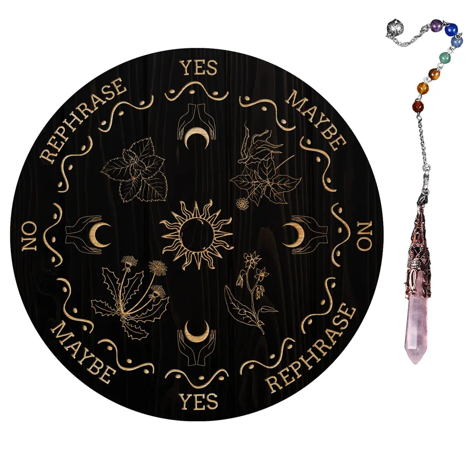 ahandmaker-planche-pendule-divination-bois-quartz-rose-soleil image 1