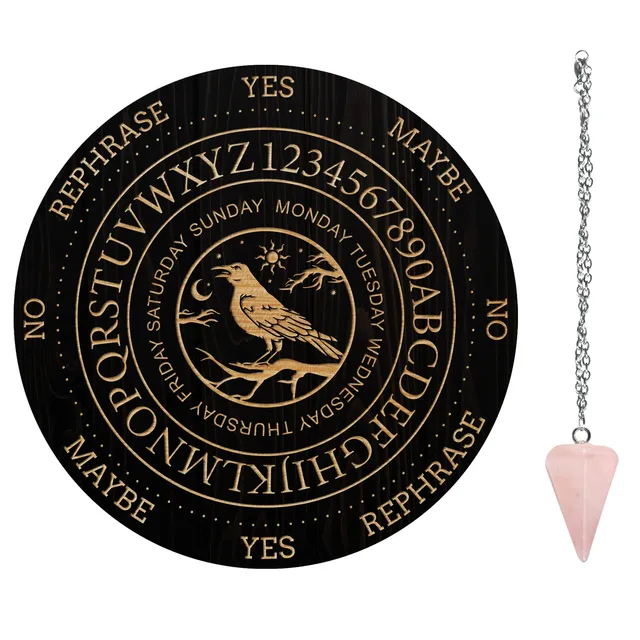 ahandmaker-planche-pendule-corbeau-nuit-bois-pendule-cristal image 1
